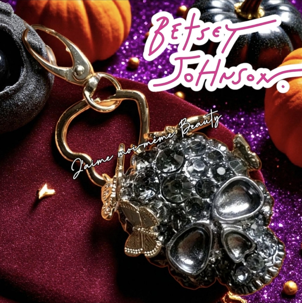 Betsey Johnson Black and Gold Skull  And Butterflies Pave Rhinestone Bag Charm